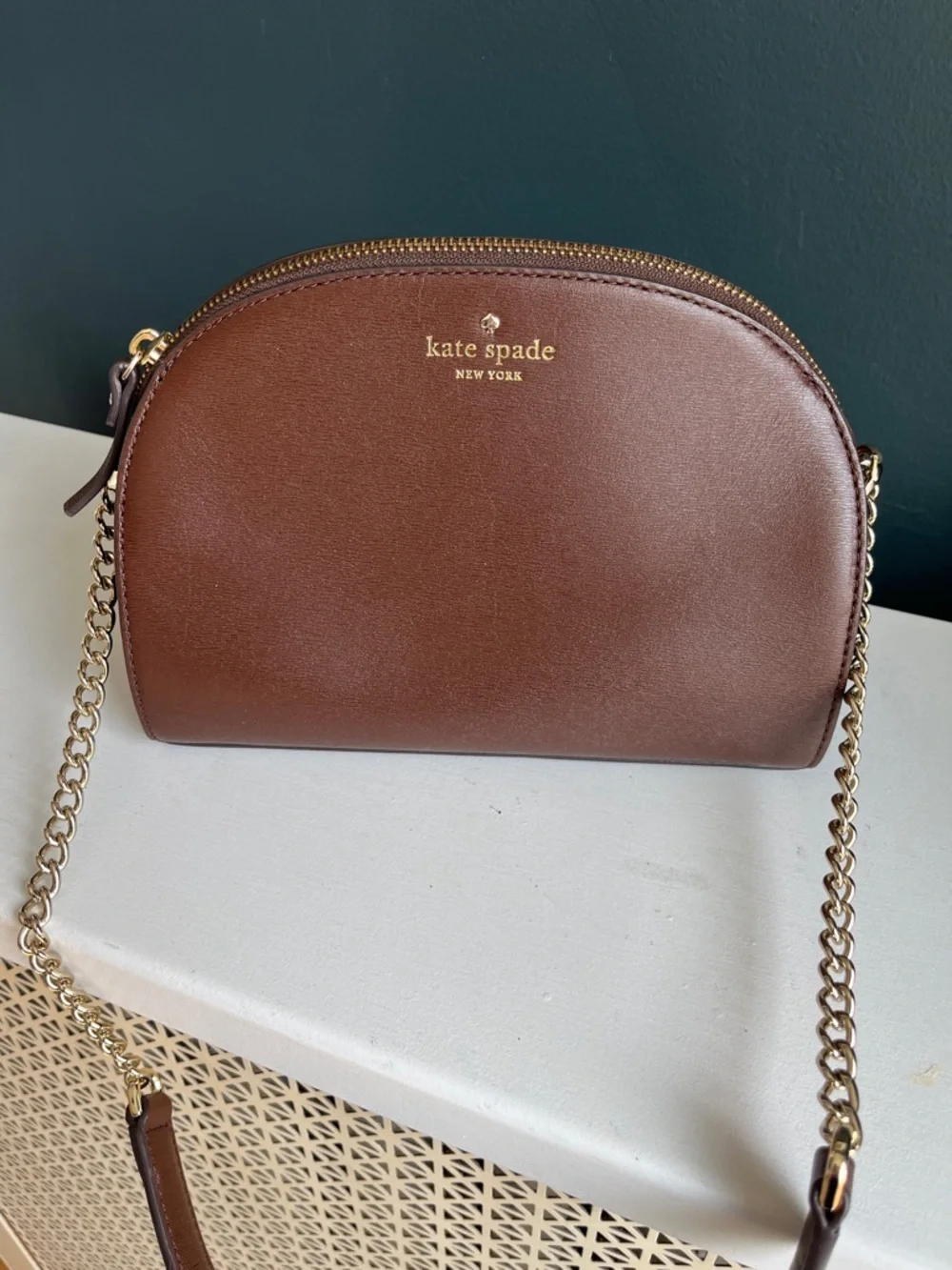 kate spade Brown Leather Half-Moon Shoulder Bag with Gold Chain - Picture 4 of 9